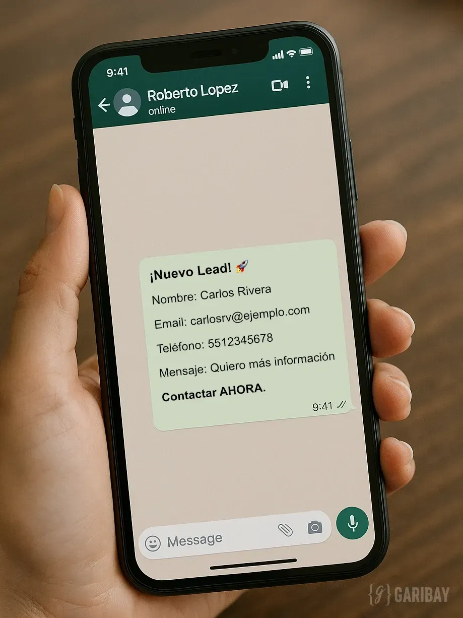 Conversación de WhatsApp con la notificación de un lead nuevo enviada por n8n desde WordPress